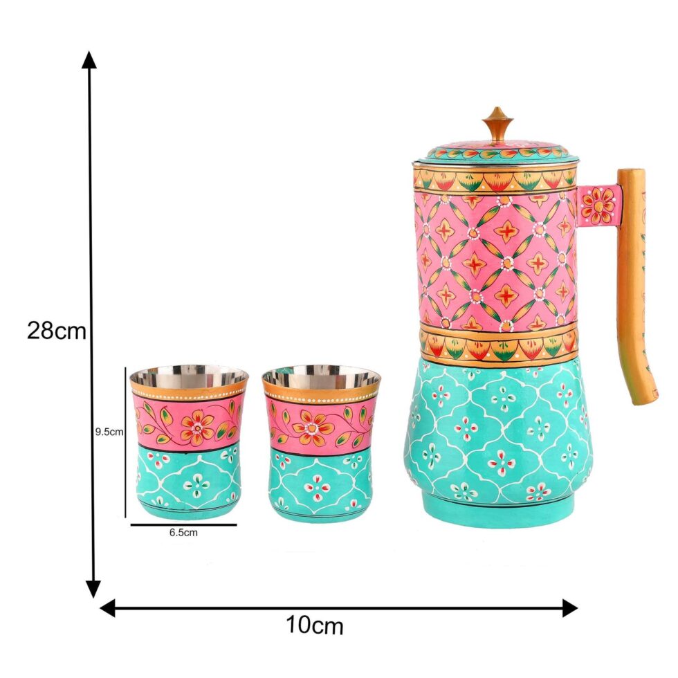 Handmade Rajasthani Hand-Painted Pink & Turquoise Floral Metal Water Jug Set with 2 Glasses – Traditional Indian Drinkware & Home Décor (BLACKLUXE CRAFTS) - BLACKLUXECRAFTS