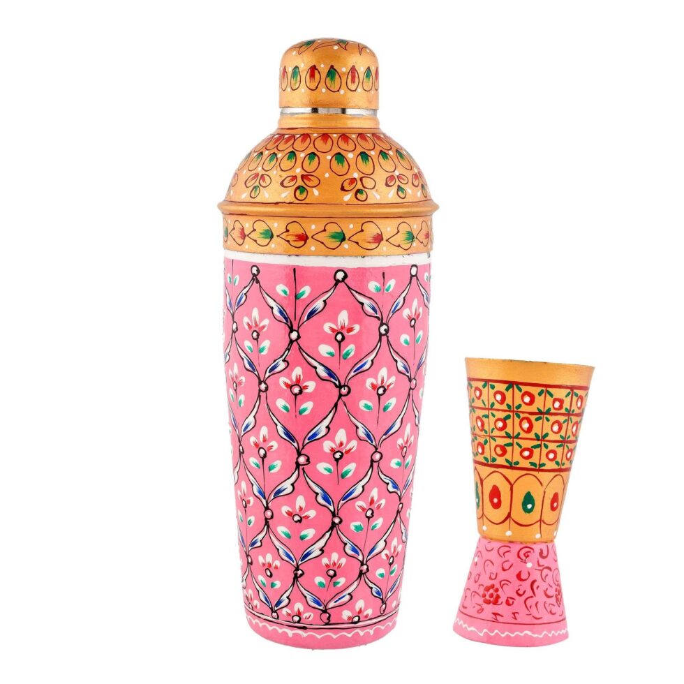 Handmade Rajasthani Hand-Painted Pink Floral Metal Cocktail Shaker Set with Glass – Ethnic Barware for Home & Parties
(BLACKLUXE CRAFTS) - BLACKLUXECRAFTS