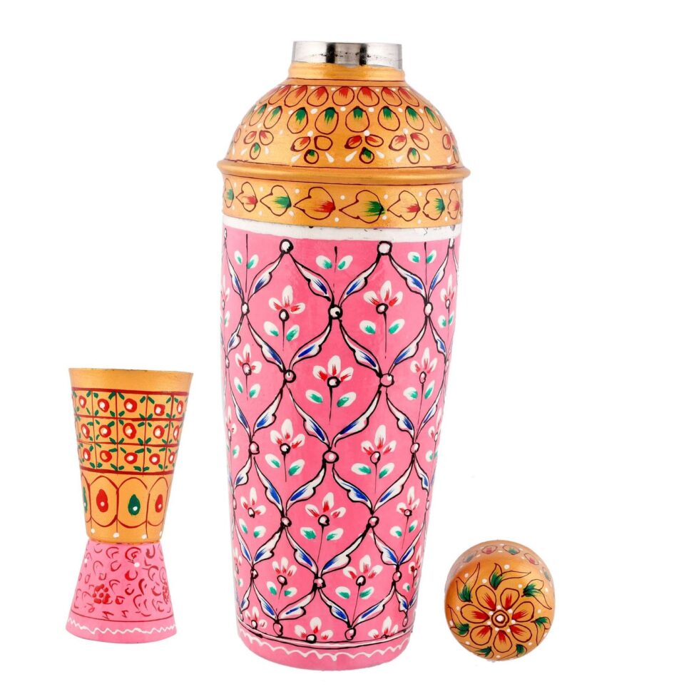Handmade Rajasthani Hand-Painted Pink Floral Metal Cocktail Shaker Set with Glass – Ethnic Barware for Home & Parties
(BLACKLUXE CRAFTS) - BLACKLUXECRAFTS
