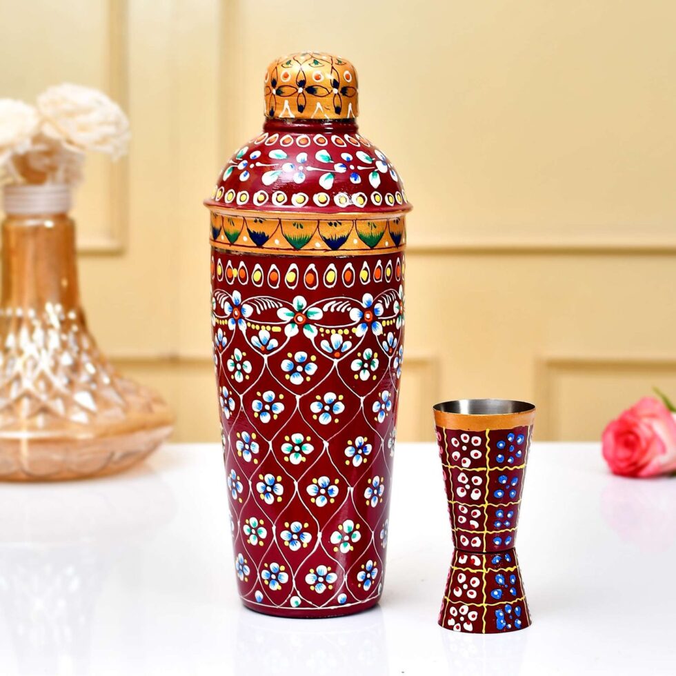 Handmade Rajasthani Hand-Painted Red Floral Metal Cocktail Shaker Set with Jigger – Ethnic Indian Barware for Home & Parties
(BLACKLUXE CRAFTS) - BLACKLUXECRAFTS