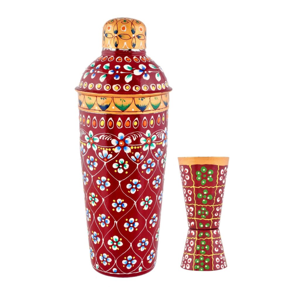 Handmade Rajasthani Hand-Painted Red Floral Metal Cocktail Shaker Set with Jigger – Ethnic Indian Barware for Home & Parties
(BLACKLUXE CRAFTS) - BLACKLUXECRAFTS