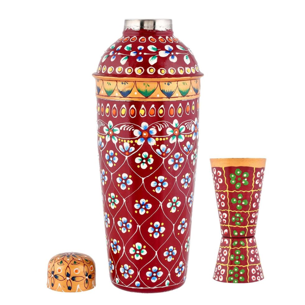 Handmade Rajasthani Hand-Painted Red Floral Metal Cocktail Shaker Set with Jigger – Ethnic Indian Barware for Home & Parties
(BLACKLUXE CRAFTS) - BLACKLUXECRAFTS