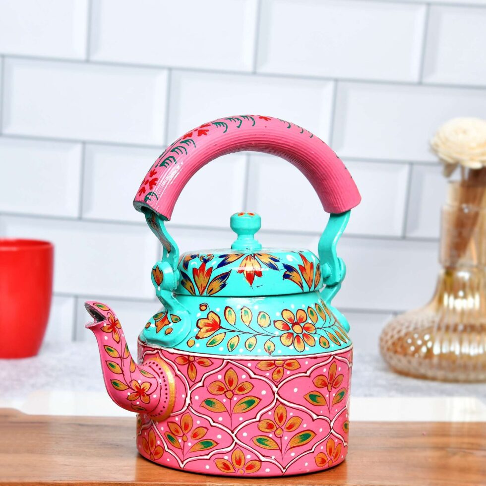 Handmade Rajasthani Hand-Painted Pink & Turquoise Floral Metal Decorative Kettle – Ethnic Indian Teapot for Home Décor & Gifting (BLACKLUXE CRAFTS) - BLACKLUXECRAFTS