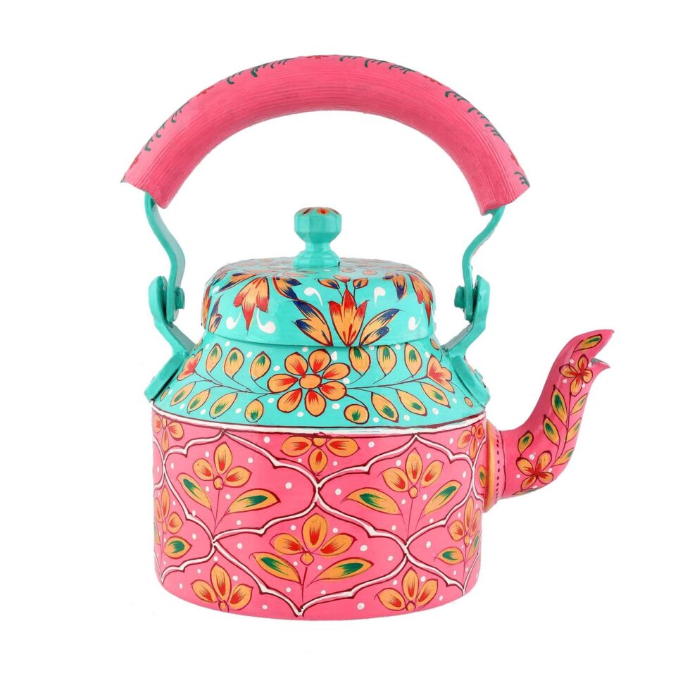 Handmade Rajasthani Hand-Painted Pink & Turquoise Floral Metal Decorative Kettle – Ethnic Indian Teapot for Home Décor & Gifting (BLACKLUXE CRAFTS) - BLACKLUXECRAFTS