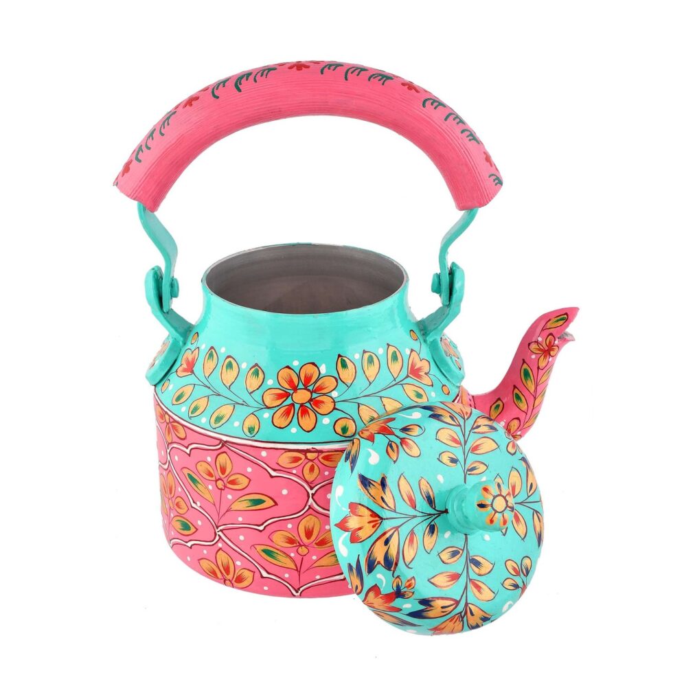Handmade Rajasthani Hand-Painted Pink & Turquoise Floral Metal Decorative Kettle – Ethnic Indian Teapot for Home Décor & Gifting (BLACKLUXE CRAFTS) - BLACKLUXECRAFTS