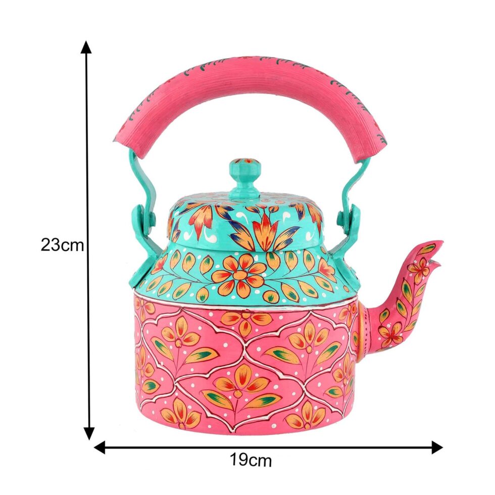 Handmade Rajasthani Hand-Painted Pink & Turquoise Floral Metal Decorative Kettle – Ethnic Indian Teapot for Home Décor & Gifting (BLACKLUXE CRAFTS) - BLACKLUXECRAFTS