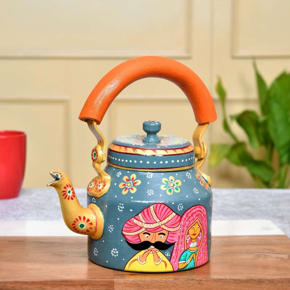 Hand-Painted Rajasthani Tea Kettle – Indian Folk Art Decorative Vintage Kettle, Ethnic Boho Home Décor Gift (BLACKLUXE CRAFTS) - BLACKLUXECRAFTS