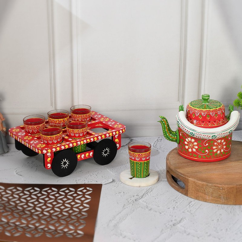 Hand-Painted Tea Kettle with Glasses & Cart Tray – Indian Vintage Chai Set, Ethnic Boho Home Décor & Gift
(BLACKLUXE CRAFTS) - BLACKLUXECRAFTS