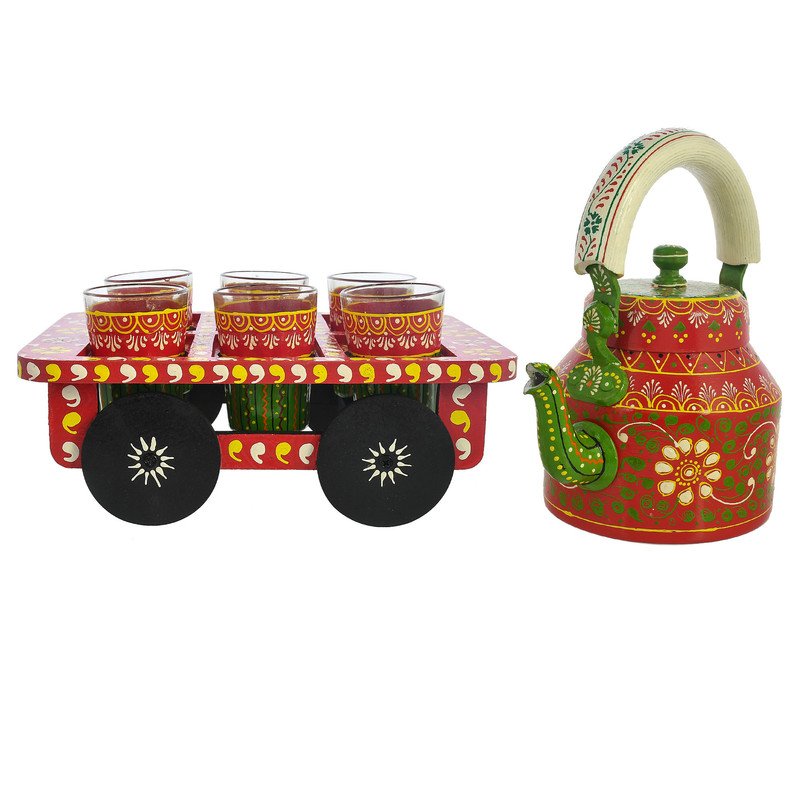 Hand-Painted Tea Kettle with Glasses & Cart Tray – Indian Vintage Chai Set, Ethnic Boho Home Décor & Gift
(BLACKLUXE CRAFTS) - BLACKLUXECRAFTS