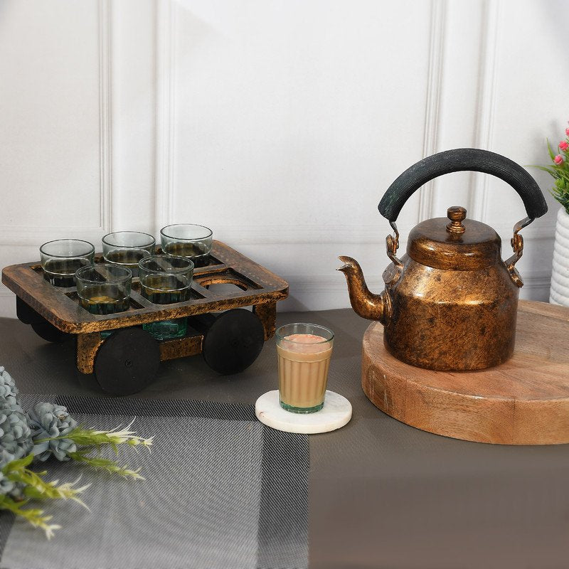Vintage Bronze Tea Kettle with Glasses & Wooden Cart Tray – Rustic Indian Chai Set, Handmade Home Décor & Gift
(BLACKLUXE CRAFTS) - BLACKLUXECRAFTS