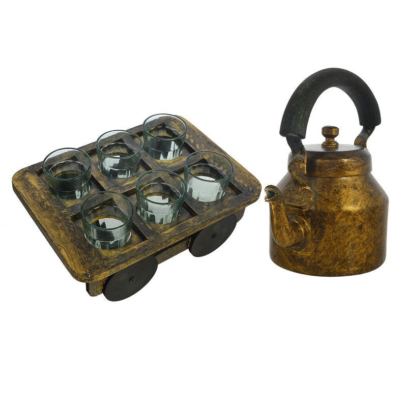 Vintage Bronze Tea Kettle with Glasses & Wooden Cart Tray – Rustic Indian Chai Set, Handmade Home Décor & Gift
(BLACKLUXE CRAFTS) - BLACKLUXECRAFTS