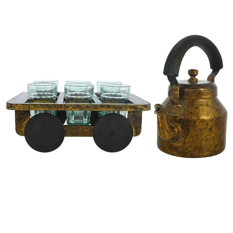 Vintage Bronze Tea Kettle with Glasses & Wooden Cart Tray – Rustic Indian Chai Set, Handmade Home Décor & Gift
(BLACKLUXE CRAFTS) - BLACKLUXECRAFTS