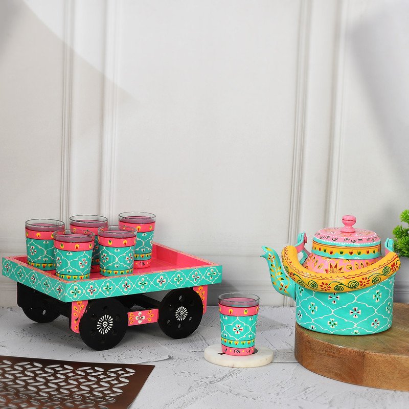 Hand-Painted Tea Kettle with Glasses & Wooden Cart Tray – Colorful Indian Chai Set, Boho Ethnic Home Décor Gift
(BLACKLUXE CRAFTS) - BLACKLUXECRAFTS