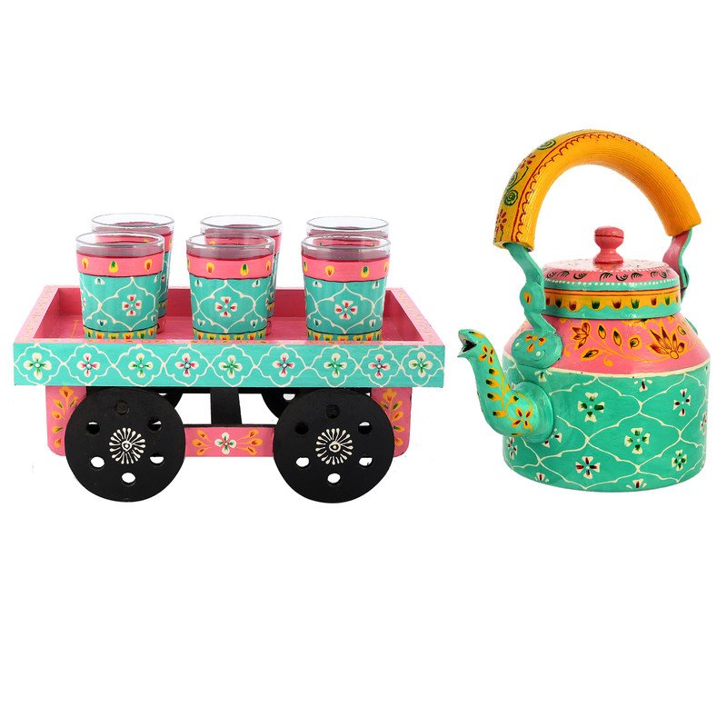 Hand-Painted Tea Kettle with Glasses & Wooden Cart Tray – Colorful Indian Chai Set, Boho Ethnic Home Décor Gift
(BLACKLUXE CRAFTS) - BLACKLUXECRAFTS