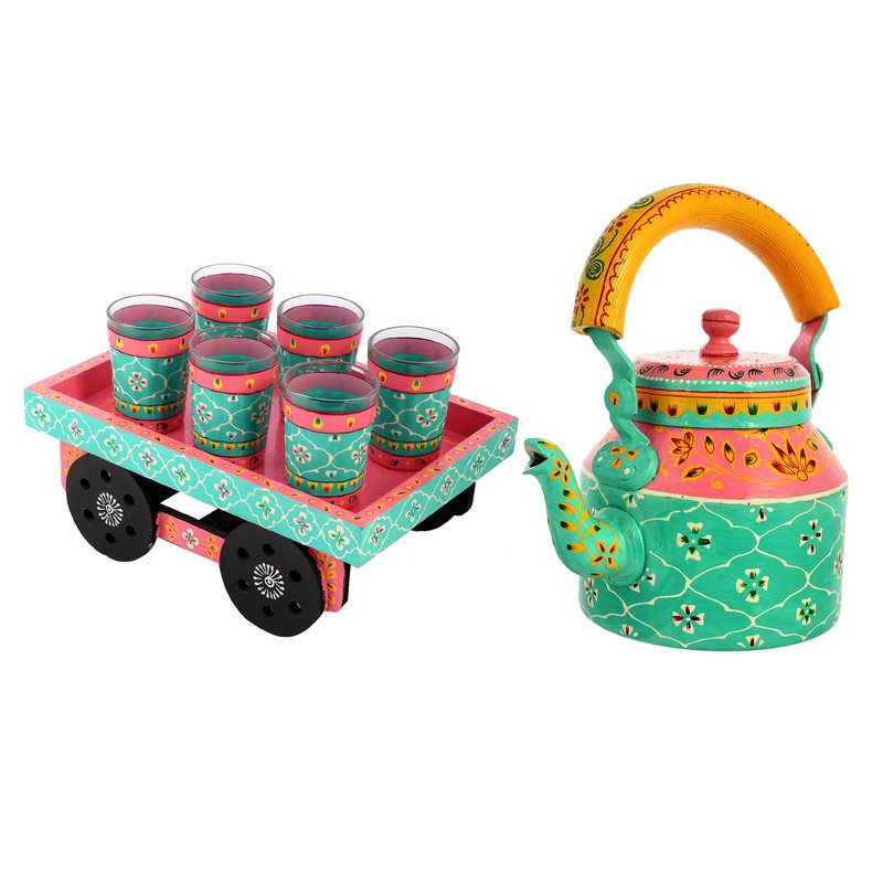 Hand-Painted Tea Kettle with Glasses & Wooden Cart Tray – Colorful Indian Chai Set, Boho Ethnic Home Décor Gift
(BLACKLUXE CRAFTS) - BLACKLUXECRAFTS