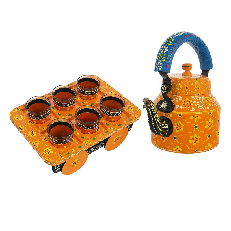 Hand-Painted Orange Tea Kettle with Glasses & Wooden Cart Tray – Indian Chai Set, Colorful Boho Home Décor & Gift
(BLACKLUXE CRAFTS) - BLACKLUXECRAFTS