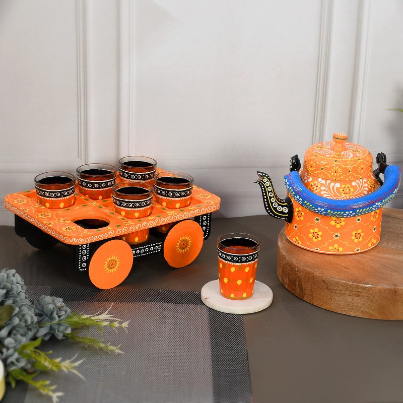 Hand-Painted Orange Tea Kettle with Glasses & Wooden Cart Tray – Indian Chai Set, Colorful Boho Home Décor & Gift
(BLACKLUXE CRAFTS) - BLACKLUXECRAFTS
