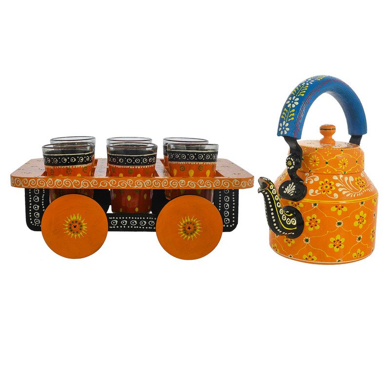 Hand-Painted Orange Tea Kettle with Glasses & Wooden Cart Tray – Indian Chai Set, Colorful Boho Home Décor & Gift
(BLACKLUXE CRAFTS) - BLACKLUXECRAFTS