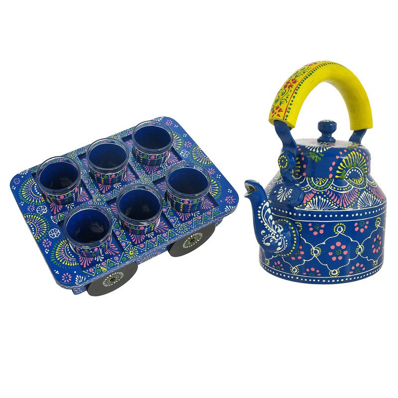 Hand-Painted Orange Tea Kettle with Glasses & Wooden Cart Tray – Indian Chai Set, Colorful Boho Home Décor & Gift
(BLACKLUXE CRAFTS) - BLACKLUXECRAFTS