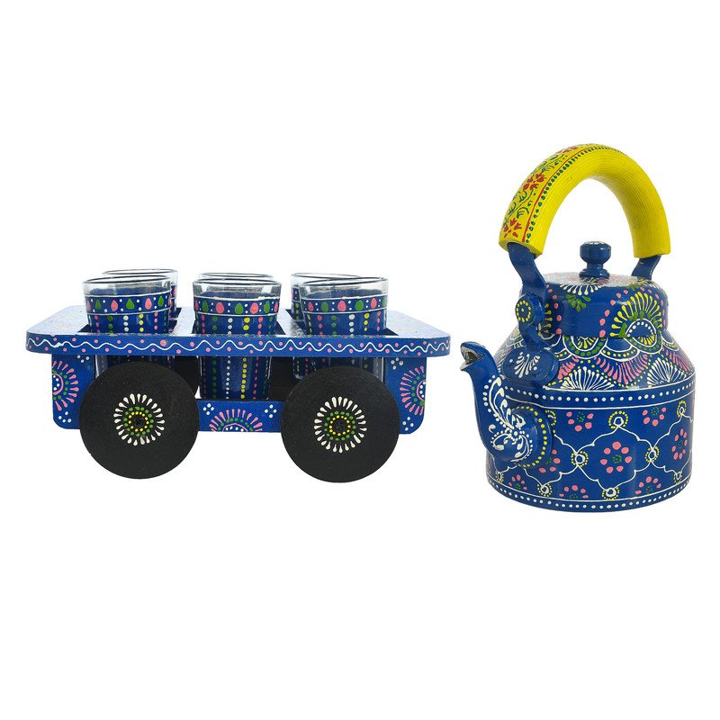 Hand-Painted Orange Tea Kettle with Glasses & Wooden Cart Tray – Indian Chai Set, Colorful Boho Home Décor & Gift
(BLACKLUXE CRAFTS) - BLACKLUXECRAFTS
