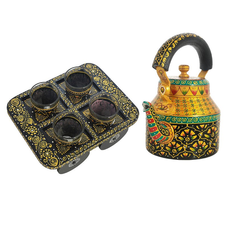 Hand-Painted Indian Tea Set with Kettle, 4 Glasses & Wooden Cart Holder – Traditional Ethnic Kitchen & Home Décor
(BLACKLUXE CRAFTS) - BLACKLUXECRAFTS