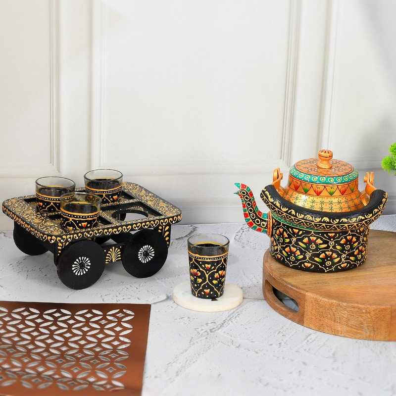 Hand-Painted Indian Tea Set with Kettle, 4 Glasses & Wooden Cart Holder – Traditional Ethnic Kitchen & Home Décor
(BLACKLUXE CRAFTS) - BLACKLUXECRAFTS