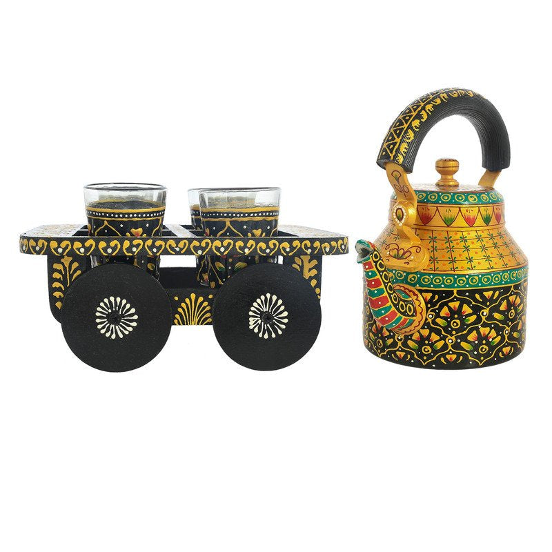 Hand-Painted Indian Tea Set with Kettle, 4 Glasses & Wooden Cart Holder – Traditional Ethnic Kitchen & Home Décor
(BLACKLUXE CRAFTS) - BLACKLUXECRAFTS