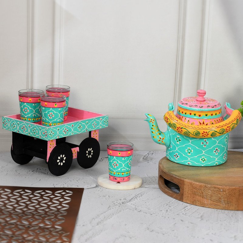 Hand-Painted Indian Tea Set with Kettle, 4 Glasses & Wooden Cart Holder – Pink & Turquoise Ethnic Kitchen & Home Décor
(BLACKLUXE CRAFTS) - BLACKLUXECRAFTS
