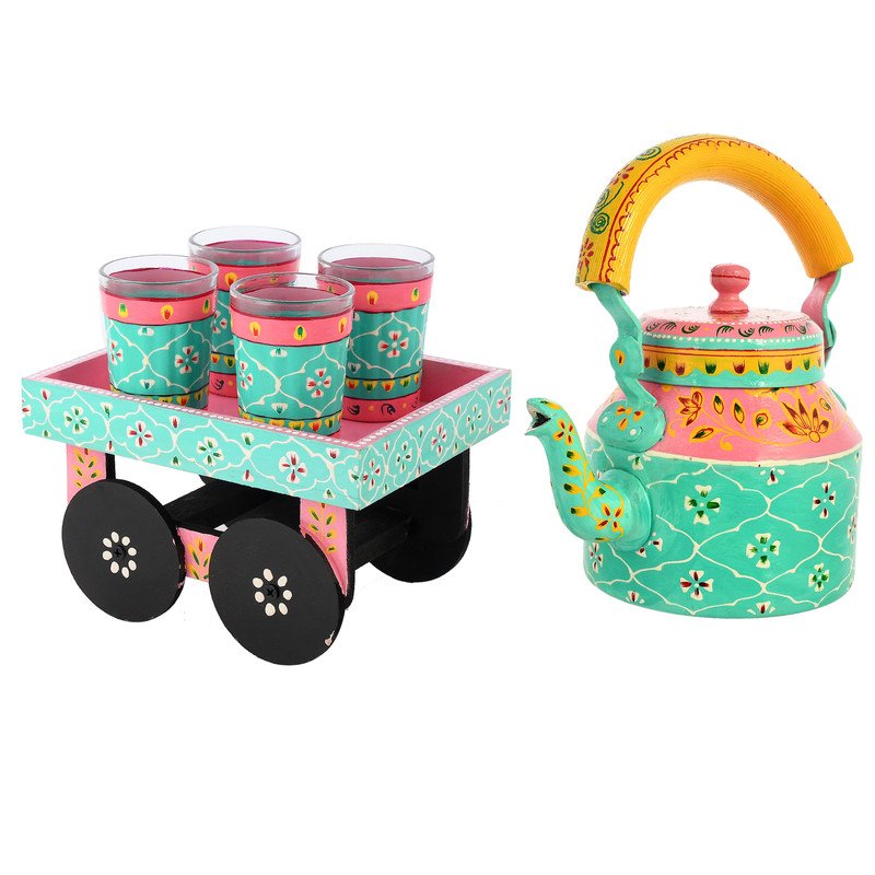 Hand-Painted Indian Tea Set with Kettle, 4 Glasses & Wooden Cart Holder – Pink & Turquoise Ethnic Kitchen & Home Décor
(BLACKLUXE CRAFTS) - BLACKLUXECRAFTS