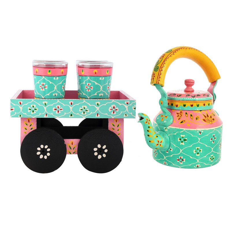 Hand-Painted Indian Tea Set with Kettle, 4 Glasses & Wooden Cart Holder – Pink & Turquoise Ethnic Kitchen & Home Décor
(BLACKLUXE CRAFTS) - BLACKLUXECRAFTS