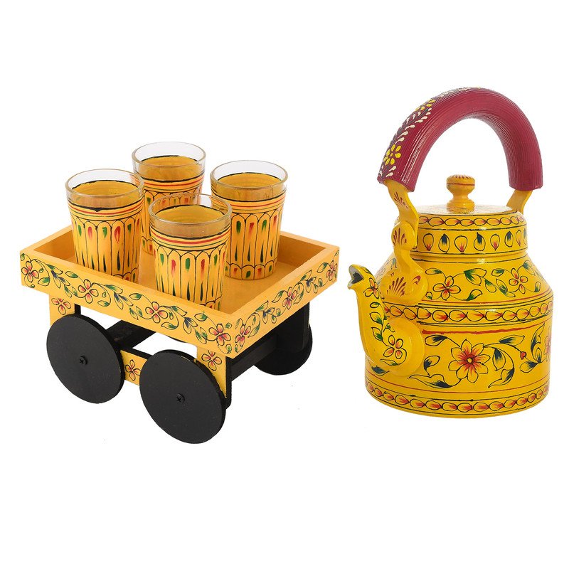 Hand-Painted Yellow Indian Tea Set with Kettle, 4 Glasses & Wooden Cart Holder – Traditional Ethnic Kitchen & Home Décor
(BLACKLUXE CRAFTS) - BLACKLUXECRAFTS