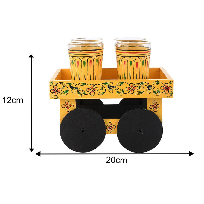 Hand-Painted Yellow Indian Tea Set with Kettle, 4 Glasses & Wooden Cart Holder – Traditional Ethnic Kitchen & Home Décor
(BLACKLUXE CRAFTS) - BLACKLUXECRAFTS