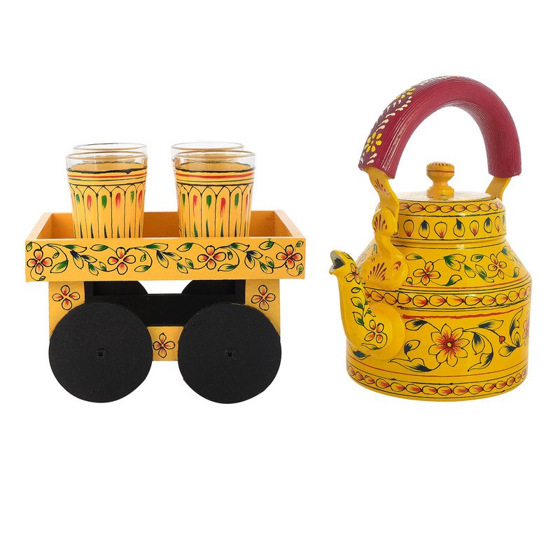 Hand-Painted Yellow Indian Tea Set with Kettle, 4 Glasses & Wooden Cart Holder – Traditional Ethnic Kitchen & Home Décor
(BLACKLUXE CRAFTS) - BLACKLUXECRAFTS