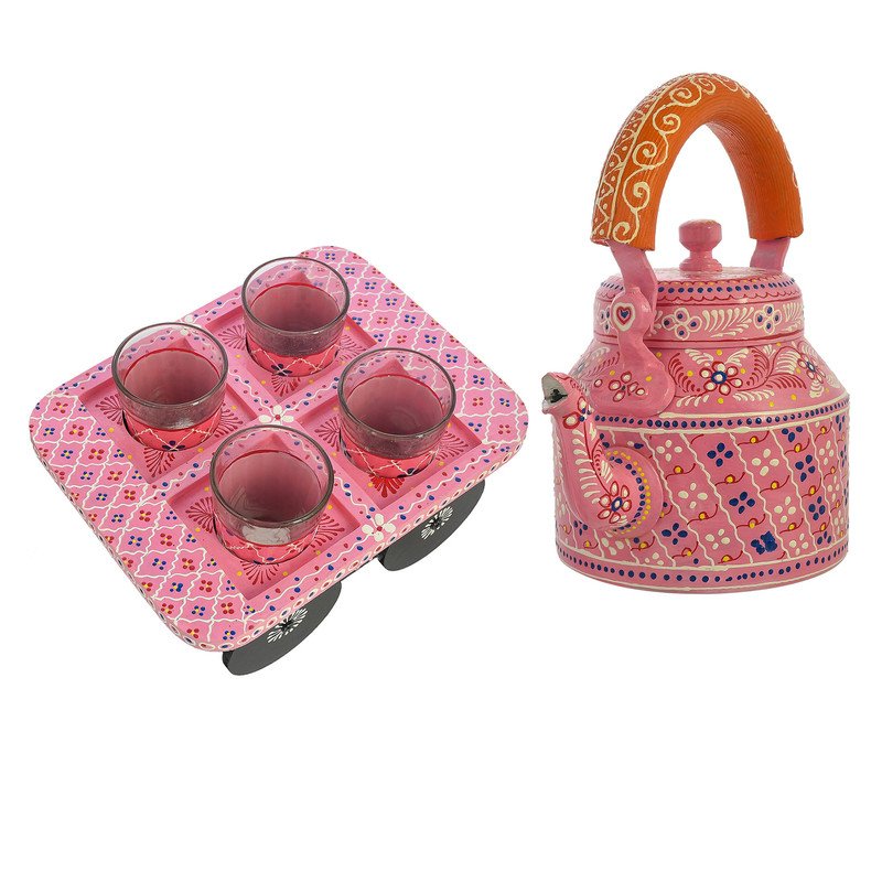 Hand-Painted Pink Indian Tea Set with Kettle, 4 Glasses & Wooden Cart Holder – Ethnic Handmade Kitchen & Home Décor
(BLACKLUXE CRAFTS) - BLACKLUXECRAFTS