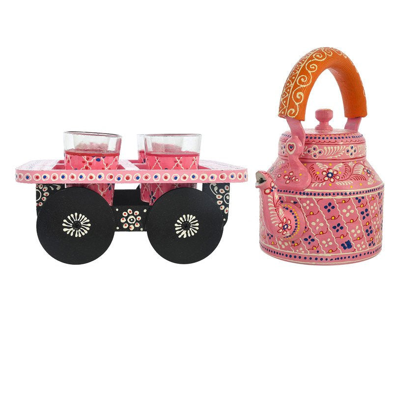 Hand-Painted Pink Indian Tea Set with Kettle, 4 Glasses & Wooden Cart Holder – Ethnic Handmade Kitchen & Home Décor
(BLACKLUXE CRAFTS) - BLACKLUXECRAFTS