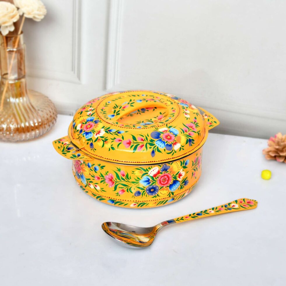 Hand-Painted Yellow Floral Serving Bowl with Lid & Spoon – Traditional Indian Handmade Tableware
(BLACKLUXE CRAFTS) - BLACKLUXECRAFTS