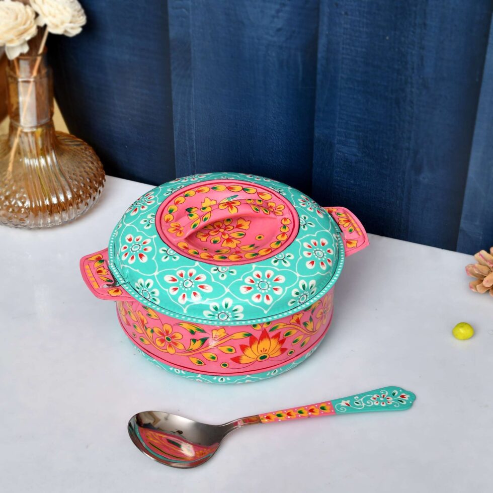 Hand-Painted Pink & Turquoise Floral Serving Bowl with Lid & Spoon – Traditional Indian Handmade Tableware
(BLACKLUXE CRAFTS) - BLACKLUXECRAFTS