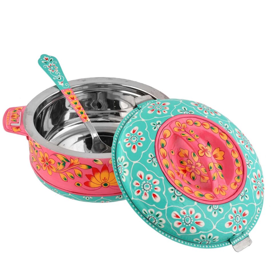 Hand-Painted Pink & Turquoise Floral Serving Bowl with Lid & Spoon – Traditional Indian Handmade Tableware
(BLACKLUXE CRAFTS) - BLACKLUXECRAFTS