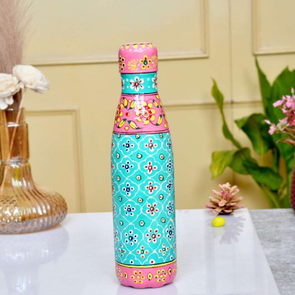 Hand-Painted Stainless Steel Water Bottle – Eco-Friendly Reusable Metal Flask with Floral & Geometric Pattern (Turquoise & Pink)
(BLACKLUXE CRAFTS) - BLACKLUXECRAFTS