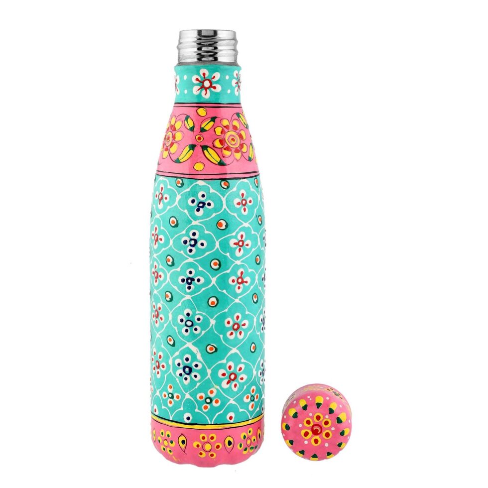 Hand-Painted Stainless Steel Water Bottle – Eco-Friendly Reusable Metal Flask with Floral & Geometric Pattern (Turquoise & Pink)
(BLACKLUXE CRAFTS) - BLACKLUXECRAFTS