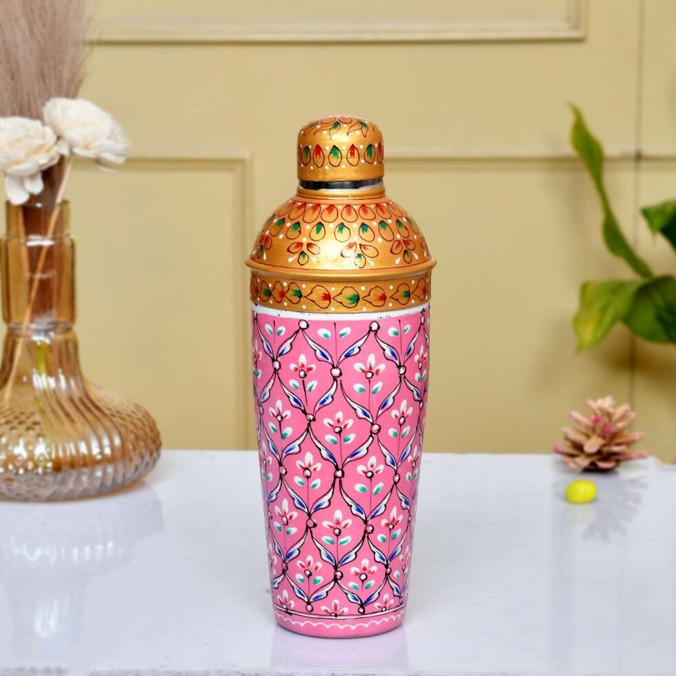 Hand-Painted Aluminium Cocktail Shaker – Barware Drink Mixer with Floral Design (Pink & Gold) (BLACKLUXE CRAFTS) - BLACKLUXECRAFTS