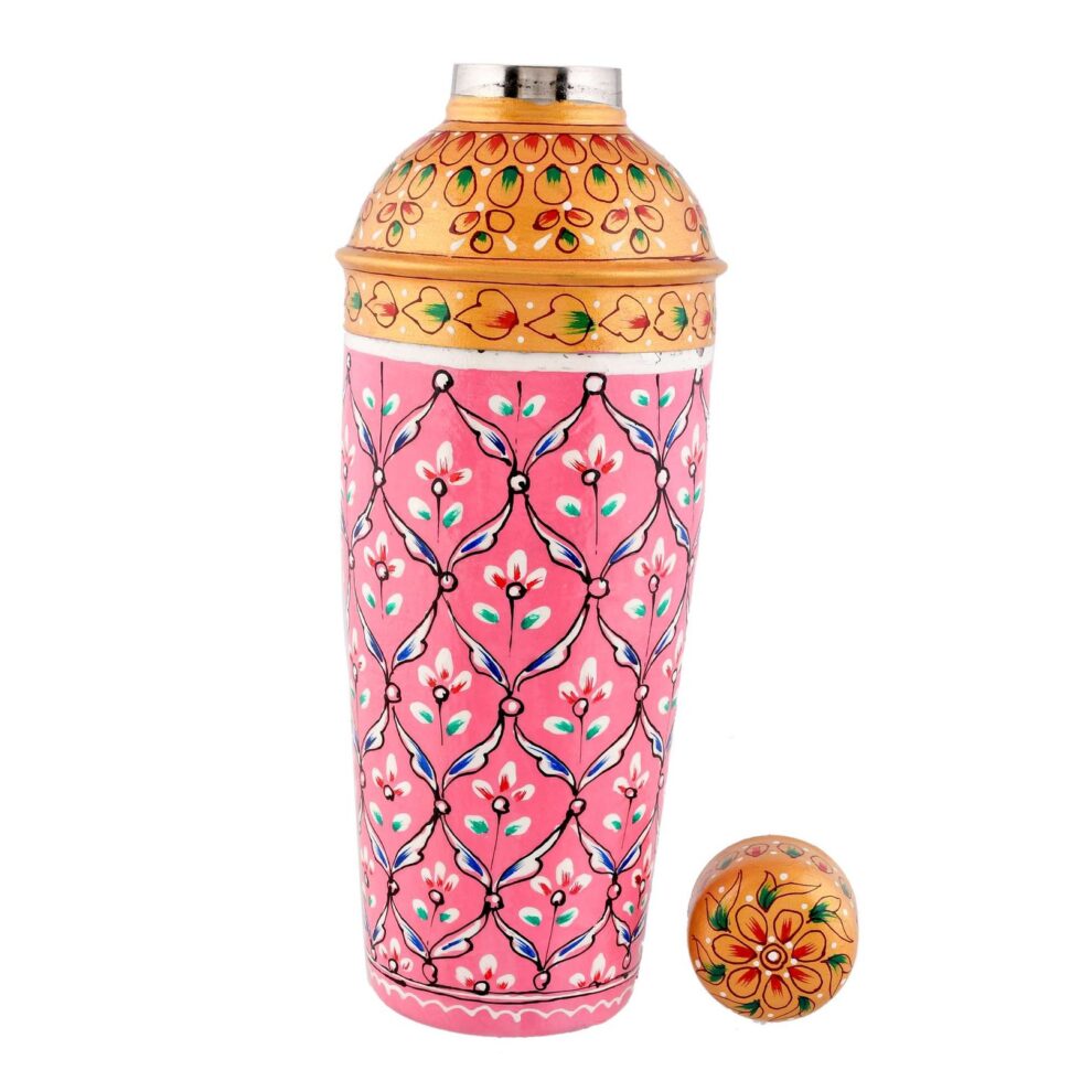Hand-Painted Aluminium Cocktail Shaker – Barware Drink Mixer with Floral Design (Pink & Gold) (BLACKLUXE CRAFTS) - BLACKLUXECRAFTS