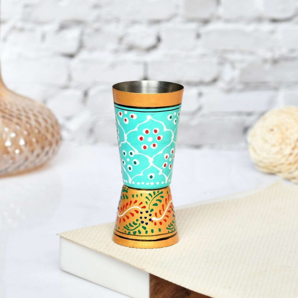 Hand-Painted Aluminium Jigger – Double-Sided Cocktail Measuring Cup for Bartenders & Home Bar (Turquoise & Gold Design) (BLACKLUXE CRAFTS) - BLACKLUXECRAFTS