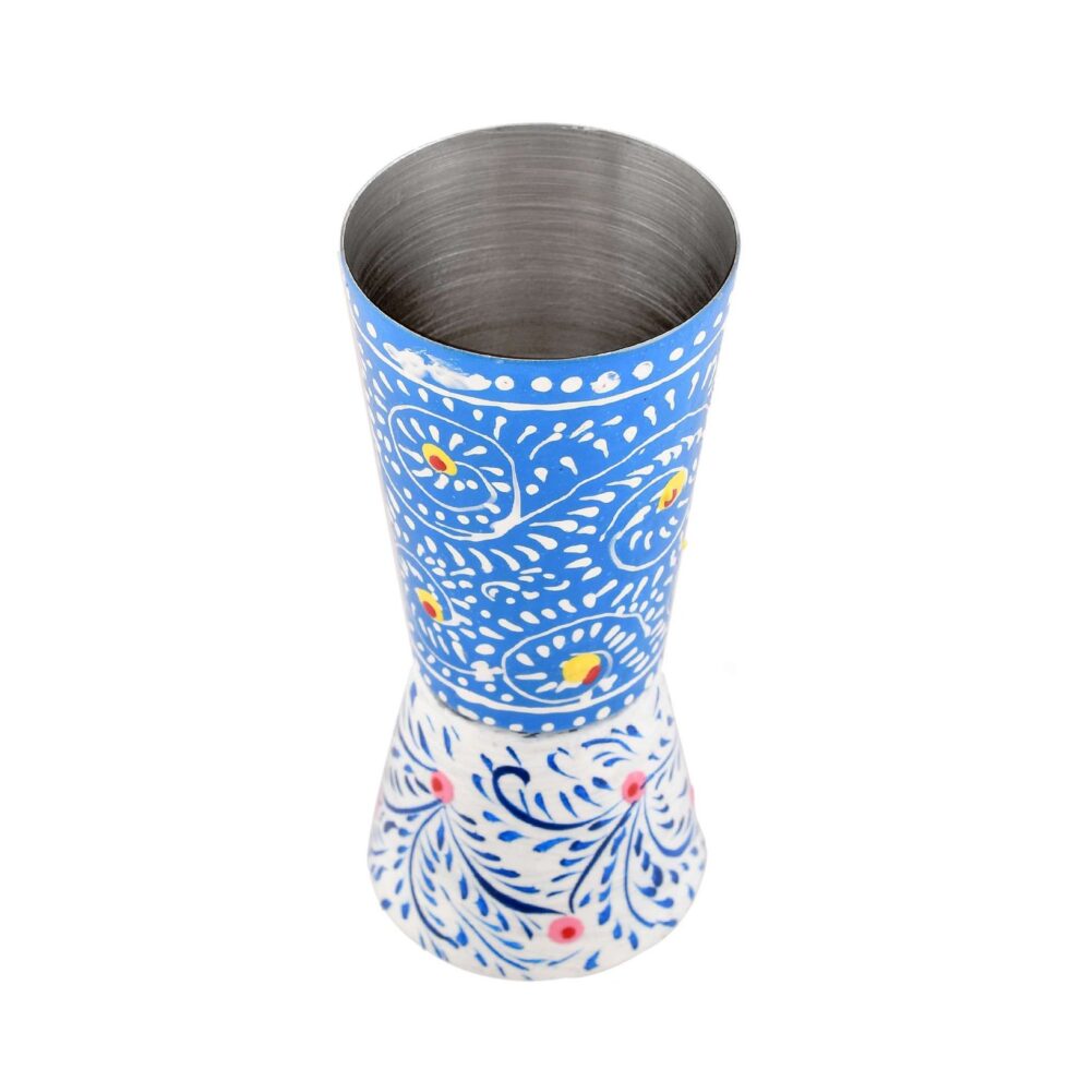 Handcrafted Aluminium Tumbler – Blue Floral Rajasthani Lacquer Painted Drinking Glass | Traditional Indian Handmade Cup (BLACKLUXE CRAFTS) - BLACKLUXECRAFTS