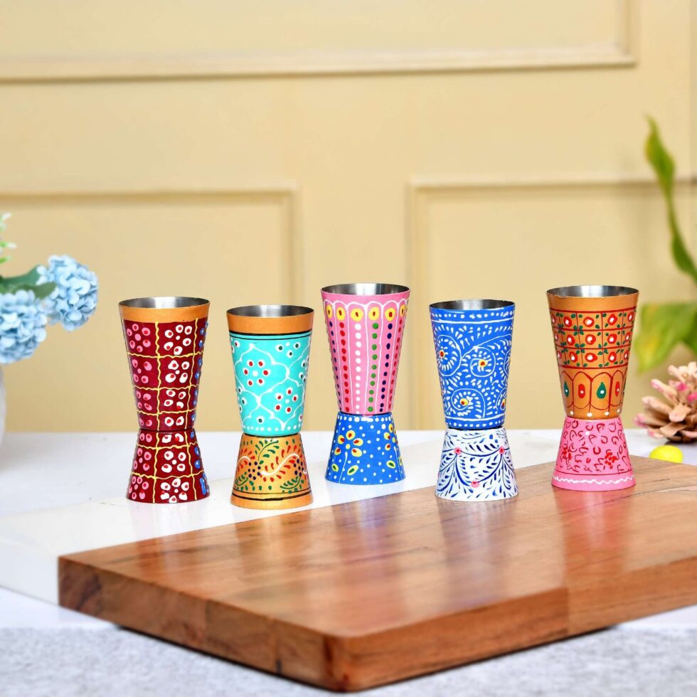 Set of 5 Hand-Painted Aluminium Tumblers – Rajasthani Traditional Indian Drinking Glasses | Handmade Eco-Friendly Cups (BLACKLUXE CRAFTS) - BLACKLUXECRAFTS