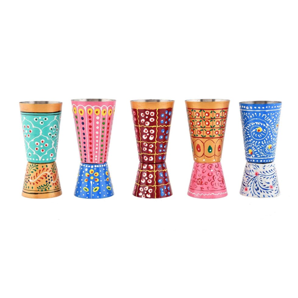 Set of 5 Hand-Painted Aluminium Tumblers – Rajasthani Traditional Indian Drinking Glasses | Handmade Eco-Friendly Cups (BLACKLUXE CRAFTS) - BLACKLUXECRAFTS