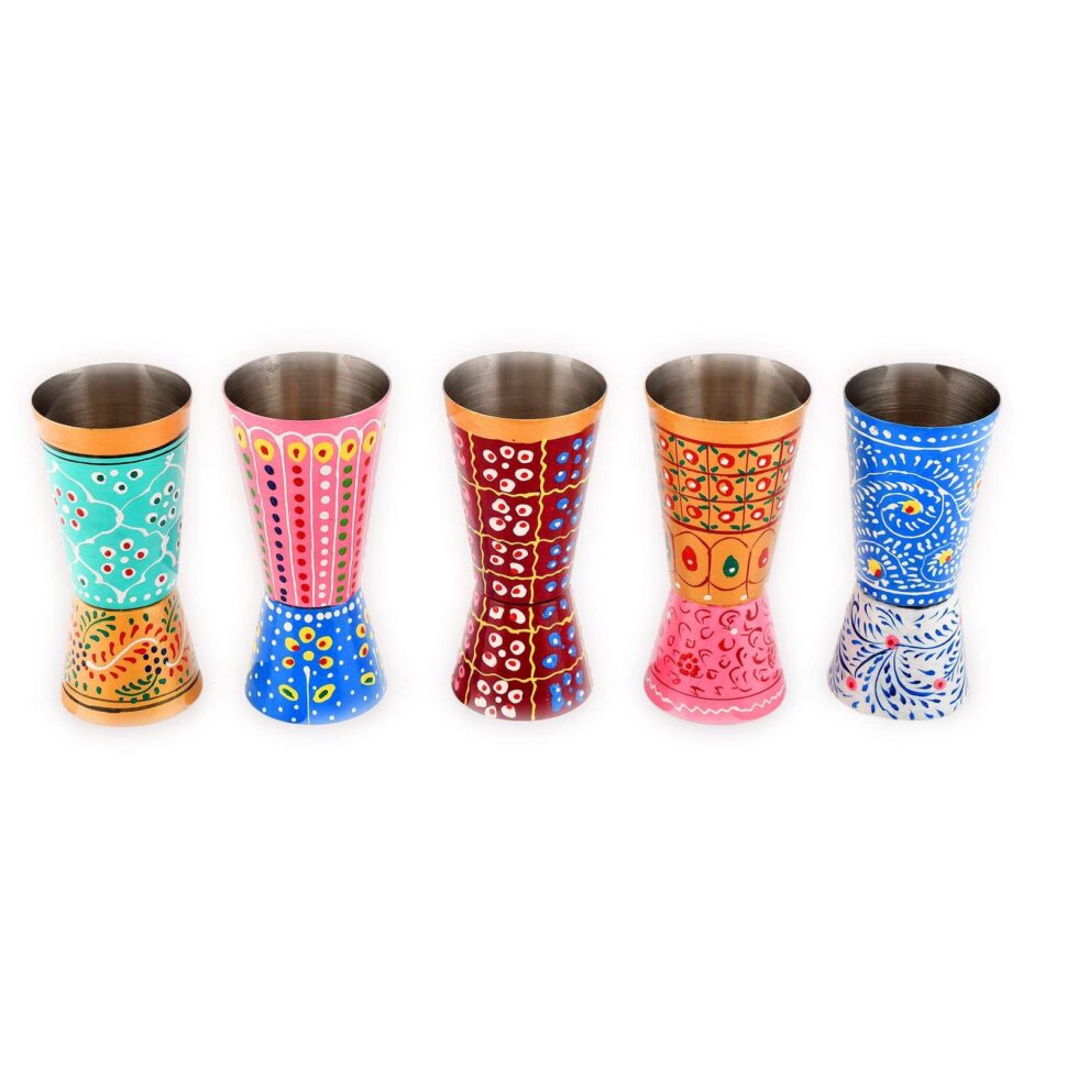 Set of 5 Hand-Painted Aluminium Tumblers – Rajasthani Traditional Indian Drinking Glasses | Handmade Eco-Friendly Cups (BLACKLUXE CRAFTS) - BLACKLUXECRAFTS