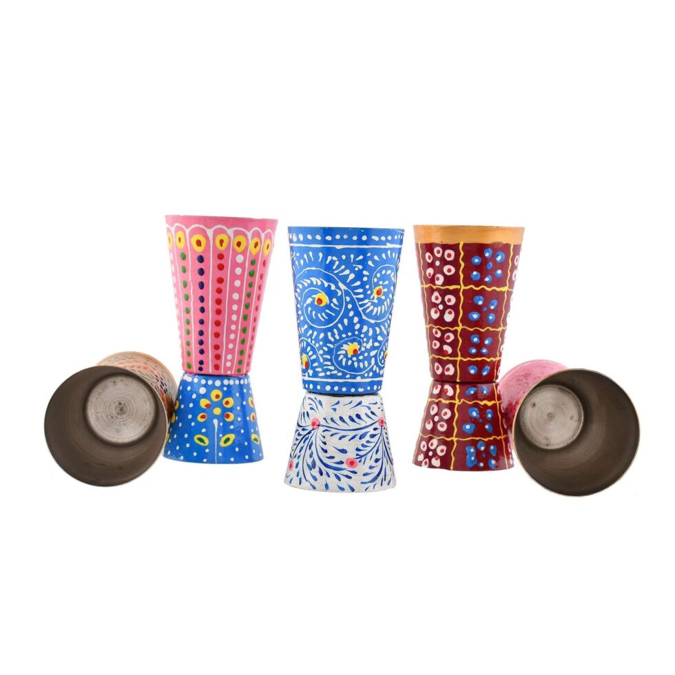Set of 5 Hand-Painted Aluminium Tumblers – Rajasthani Traditional Indian Drinking Glasses | Handmade Eco-Friendly Cups (BLACKLUXE CRAFTS) - BLACKLUXECRAFTS