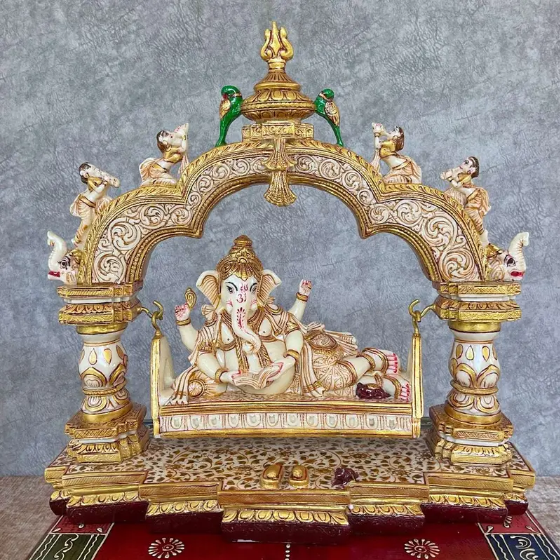 Handcrafted Lord Ganesha on Swing with Ornate Arch – Resin Hindu Statue for Home Decor & Gifts (BLACKLUXE CRAFTS) - BLACKLUXECRAFTS