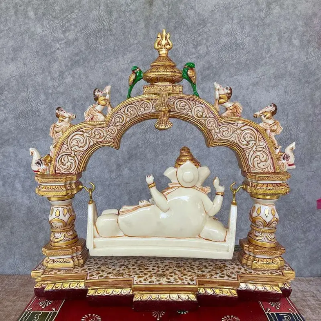 Handcrafted Lord Ganesha on Swing with Ornate Arch – Resin Hindu Statue for Home Decor & Gifts (BLACKLUXE CRAFTS) - BLACKLUXECRAFTS
